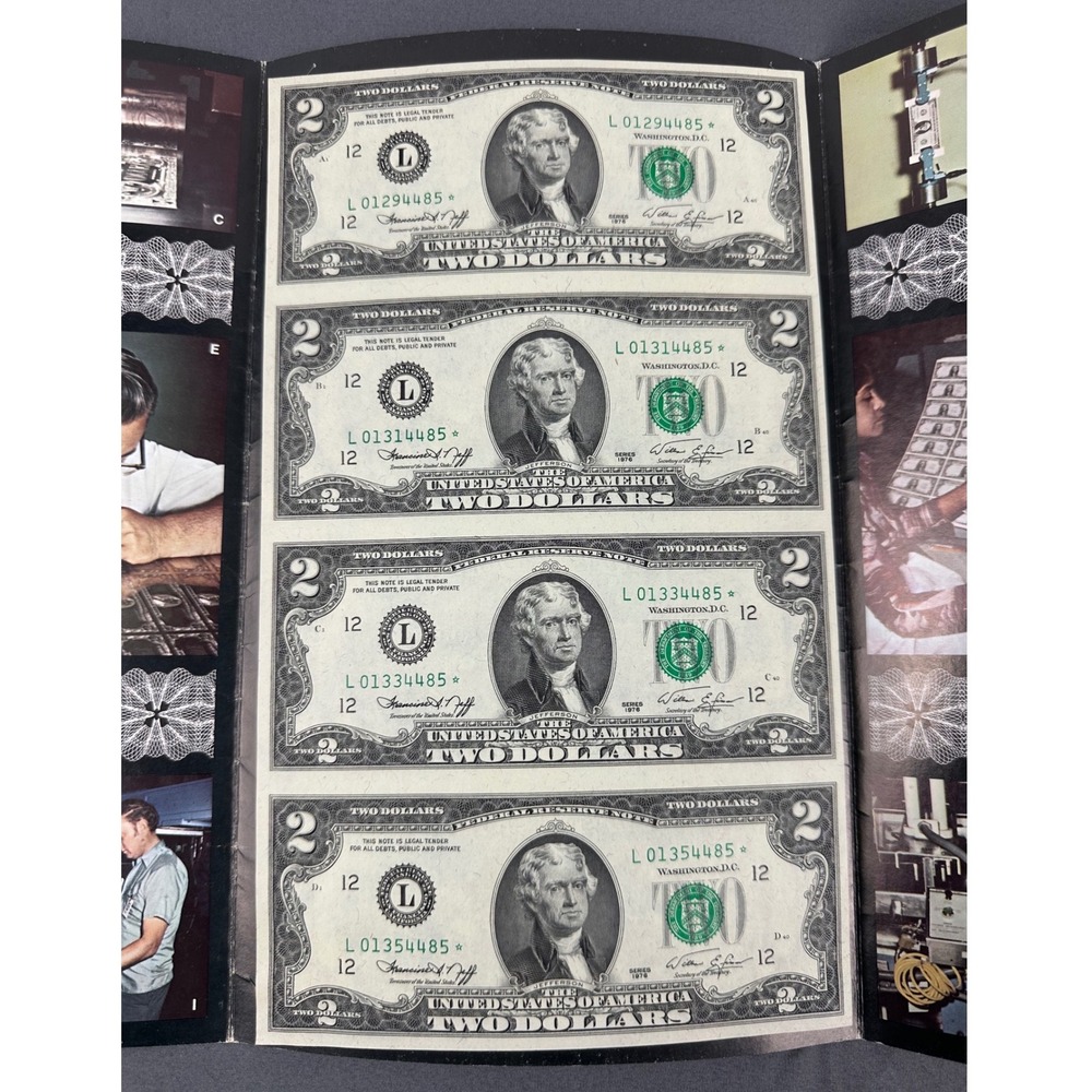 1976 $2 Uncut Sheet Of 4 Star Notes BEP Souvenir Folder Bicentennial